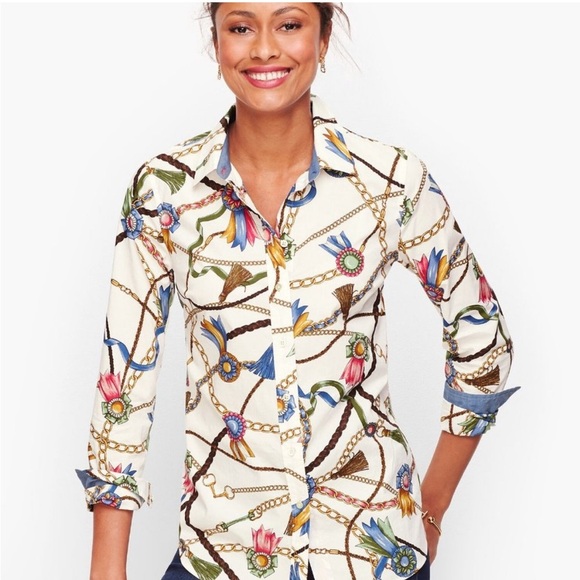 Talbots Long Sleeve Button Front Links & Ribbons Equestrian Cotton Shirt XS - Picture 1 of 10